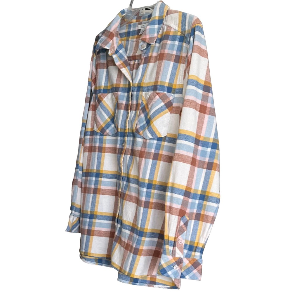 CROFT & BARROW LONG SLEEVE FLANNEL SHIRT, WOMENS, L, BLUE BRN PINK YELLOW PLAID - Picture 2 of 11